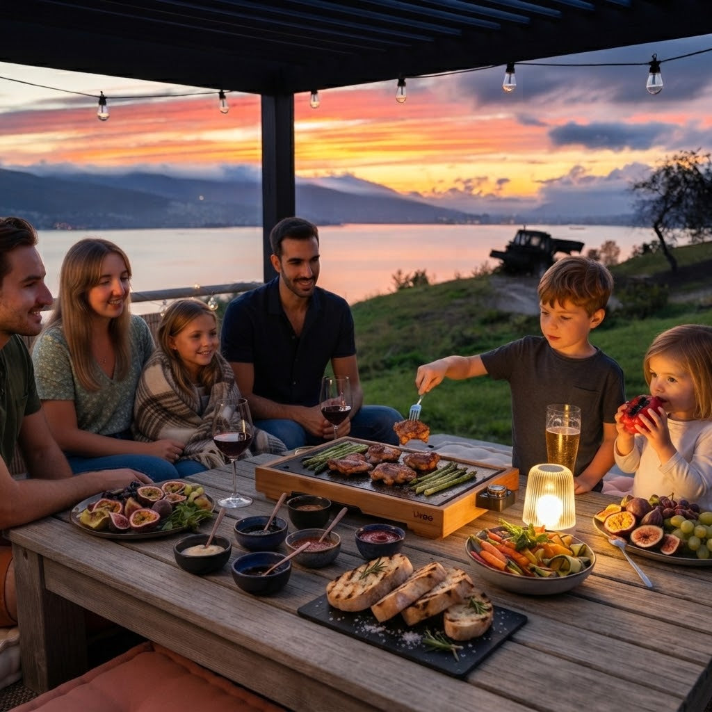 Family sharing a tabletop grill meal on a covered terrace overlooking water and mountains at sunset.