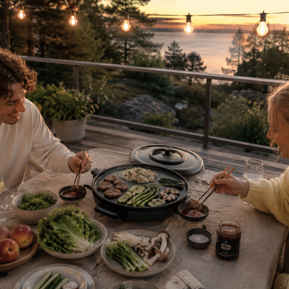 Two friends enjoy a cozy Korean-inspired grill dinner on a Scandinavian-style terrace at sunset. 