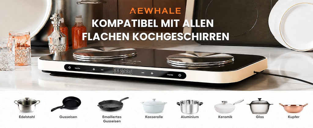 AEWHALE Double hob 1200 W + 600 W with ceramic non-stick griddle
