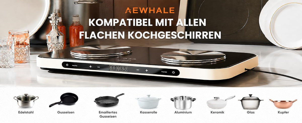 AEWHALE Double hob 1200 W + 600 W with ceramic non-stick griddle