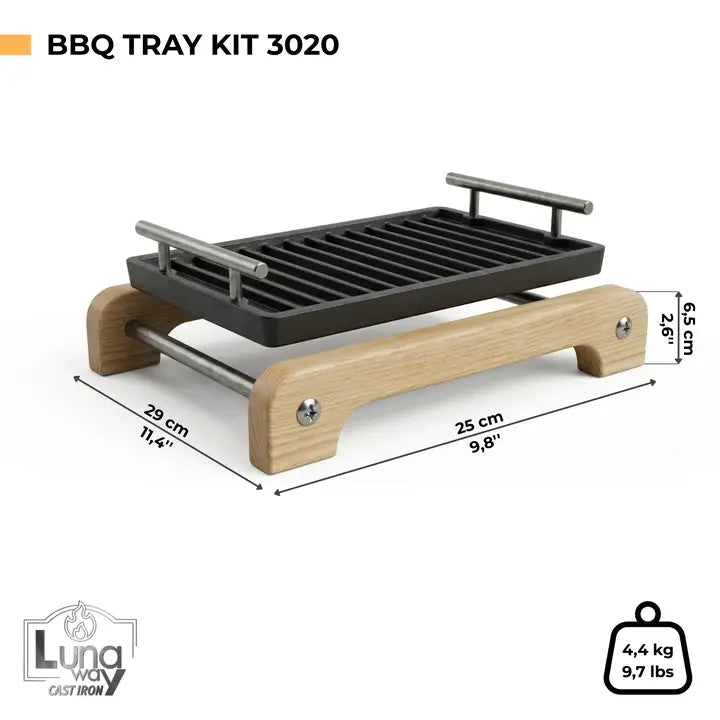 LUNAWAY Bbq Tray Kit: Enameled cast-iron grill with wooden support