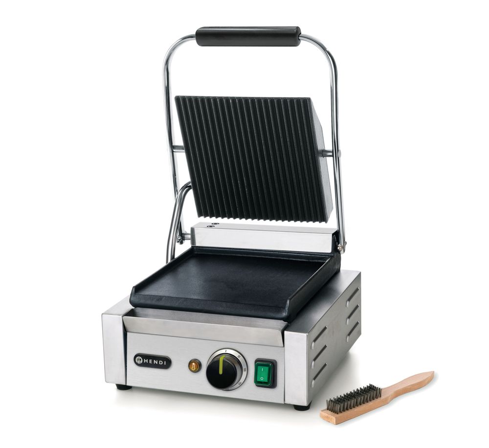 HENDI Contact Grill Single Version, Ribbed Top and Smooth Bottom, 1800W