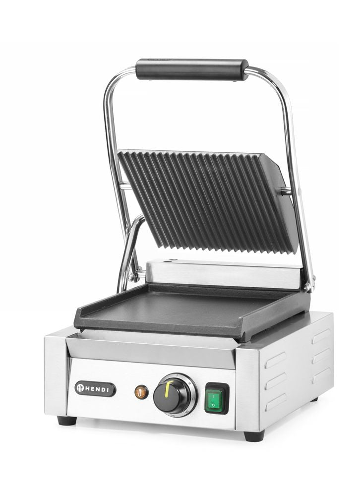 HENDI Contact Grill Single Version, Ribbed Top and Smooth Bottom, 1800W