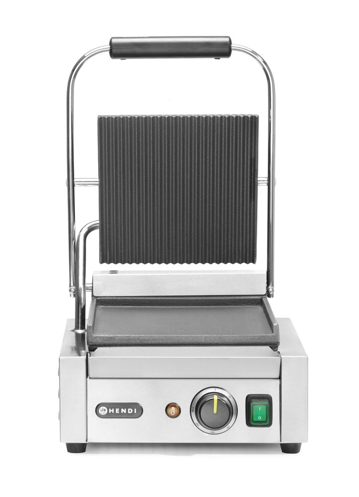 HENDI Contact Grill Single Version, Ribbed Top and Smooth Bottom, 1800W