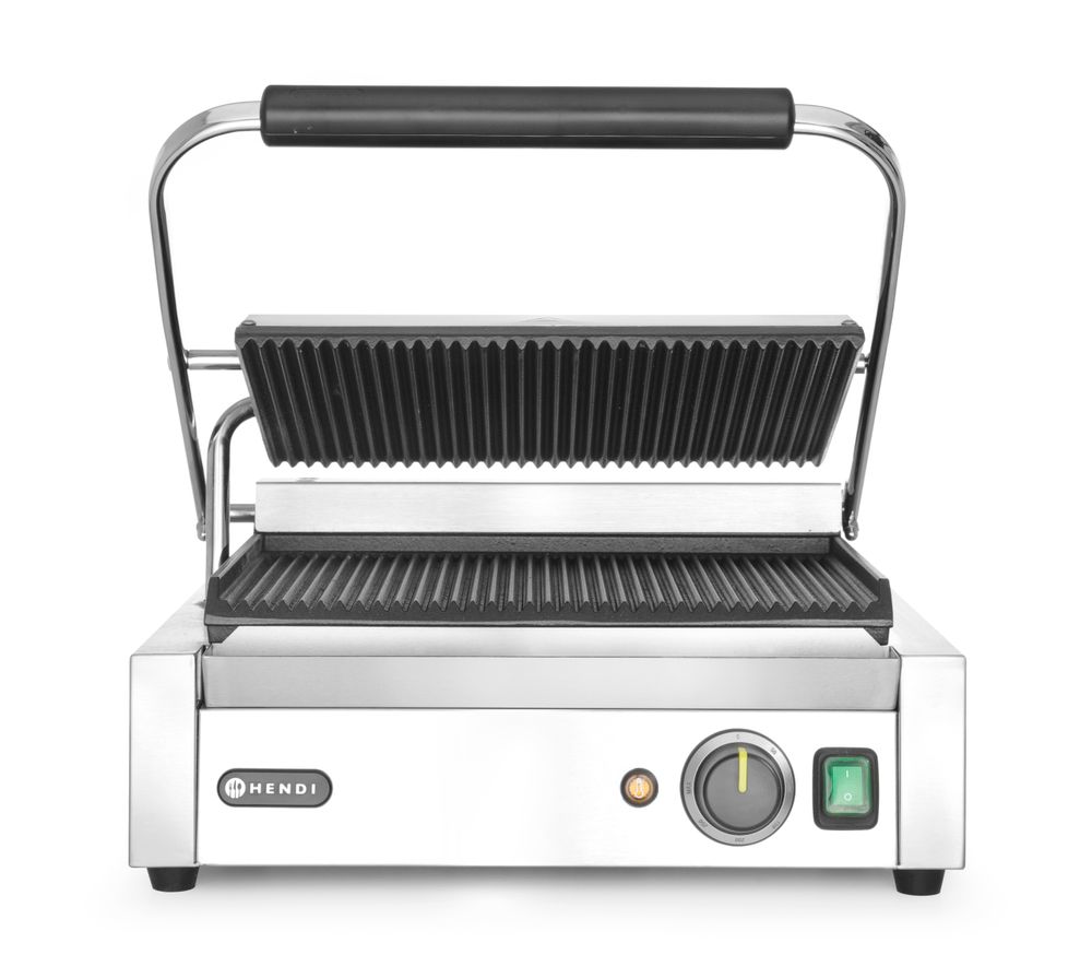 HENDI Contact Grill Panini, Ribbed Top and Bottom, 2200W