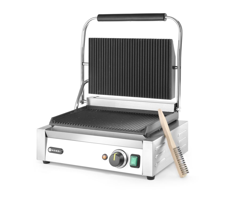 HENDI Contact Grill Panini, Ribbed Top and Bottom, 2200W