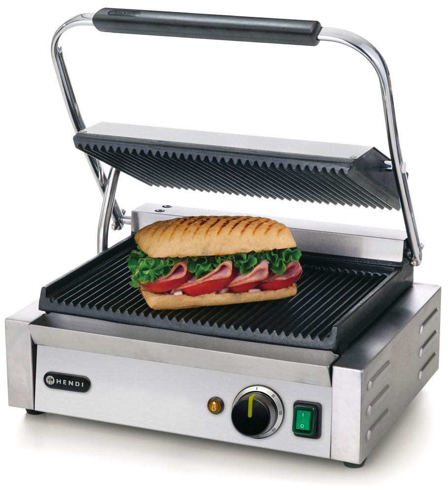HENDI Contact Grill Panini, Ribbed Top and Bottom, 2200W