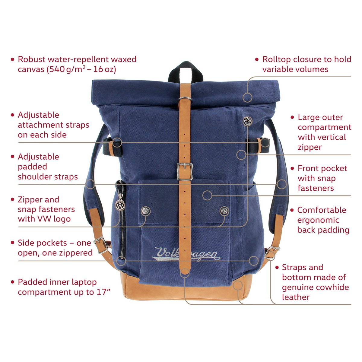 VW COLLECTION BY BRISA Vintage rolltop backpack made of waxed cotton and genuine leather – blue/light brown