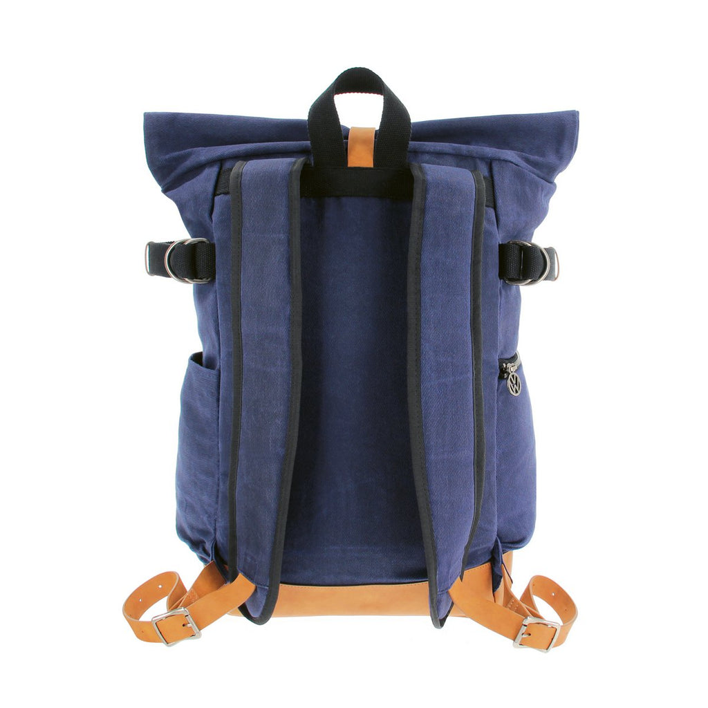 VW COLLECTION BY BRISA Vintage rolltop backpack made of waxed cotton and genuine leather – blue/light brown