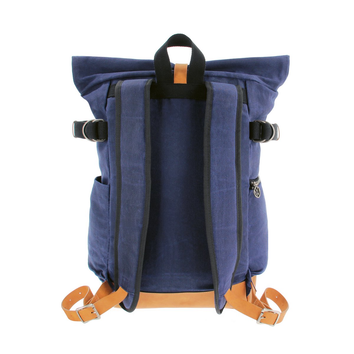 VW COLLECTION BY BRISA Vintage rolltop backpack made of waxed cotton and genuine leather – blue/light brown