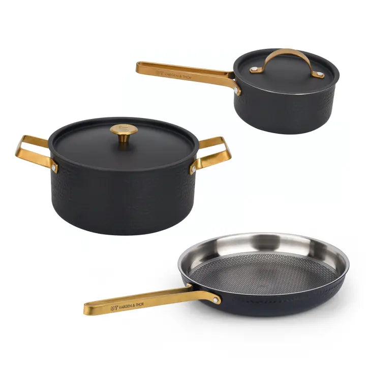 VARGEN & THOR Arvet.2 cookware set matte black & brass 3 pieces