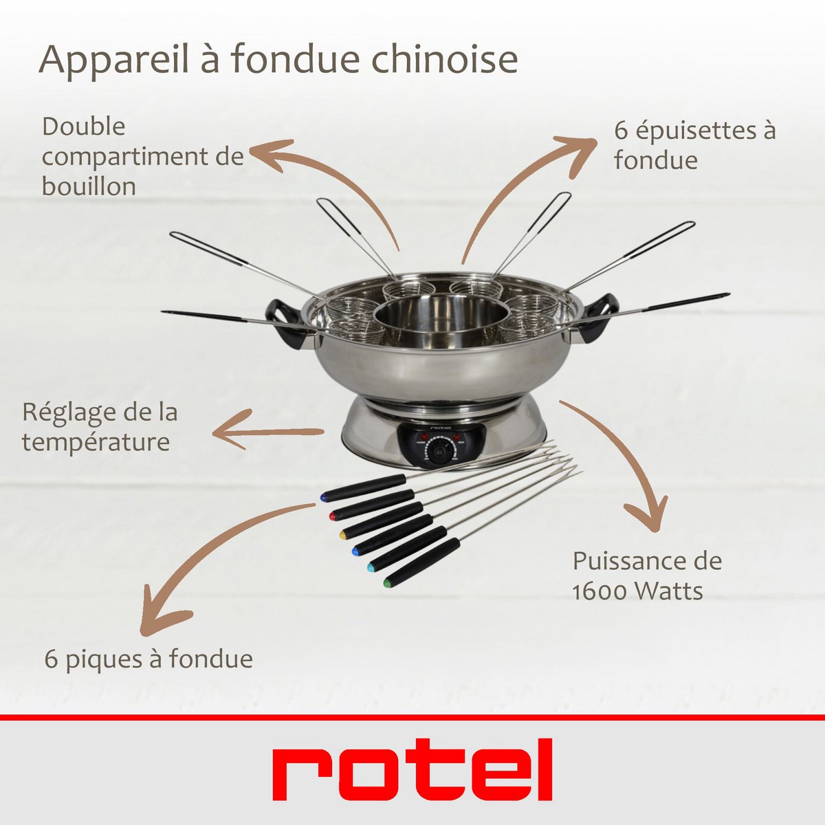 ROTEL 2-compartment Chinese fondue set with forks and strainers