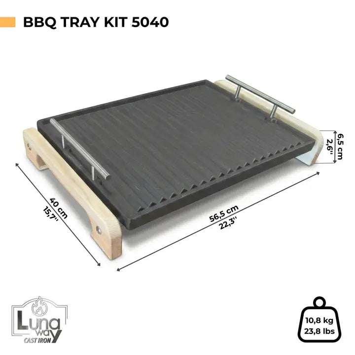 LUNAWAY Bbq Tray Kit: Enameled cast-iron grill with wooden support