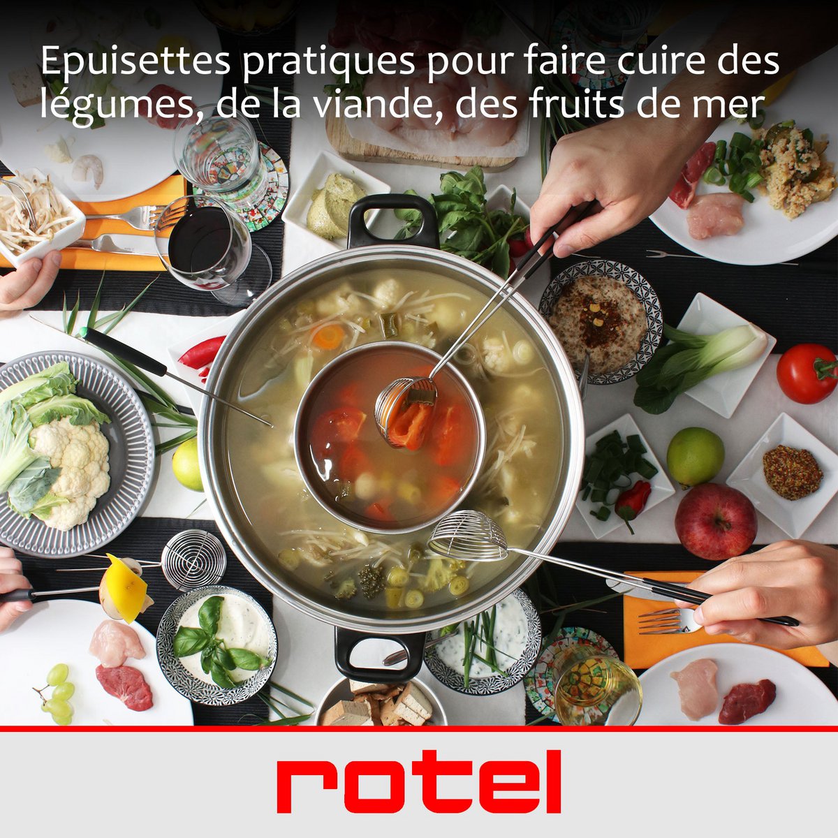ROTEL 2-compartment Chinese fondue set with forks and strainers