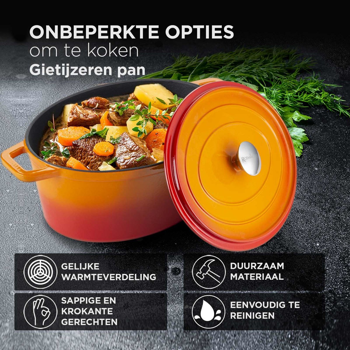 ROSMARINO Cast Iron Oval Pan 31 cm Orange