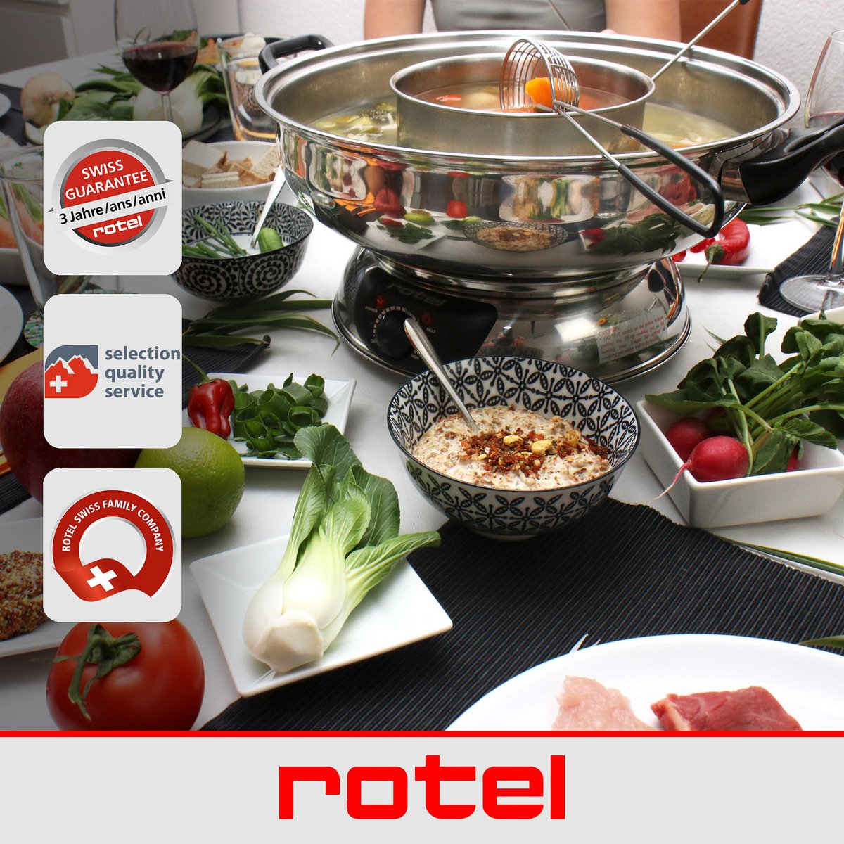 ROTEL 2-compartment Chinese fondue set with forks and strainers