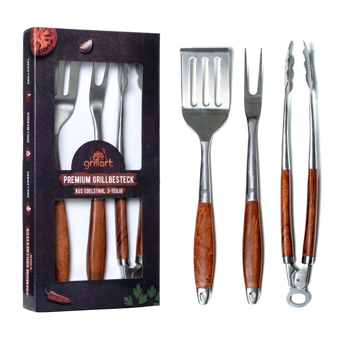 GRILLART Premium 3-piece barbecue cutlery set made from high-quality stainless steel