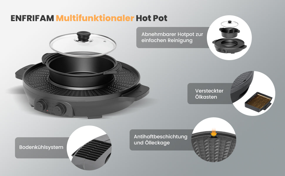 ENFRIFAM Electric hot pot 2 in 1 with raclette grill 2000 W