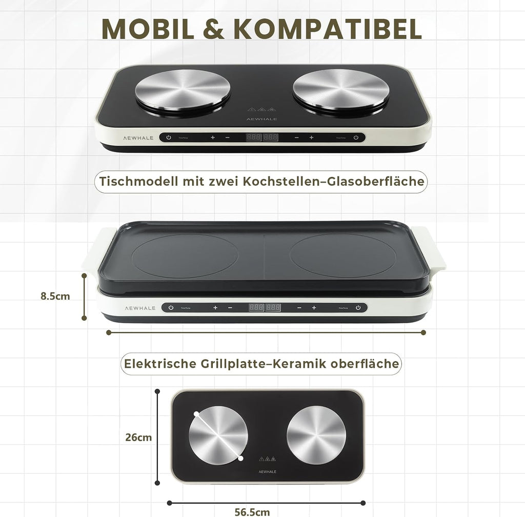 AEWHALE Double hob 1200 W + 600 W with ceramic non-stick griddle