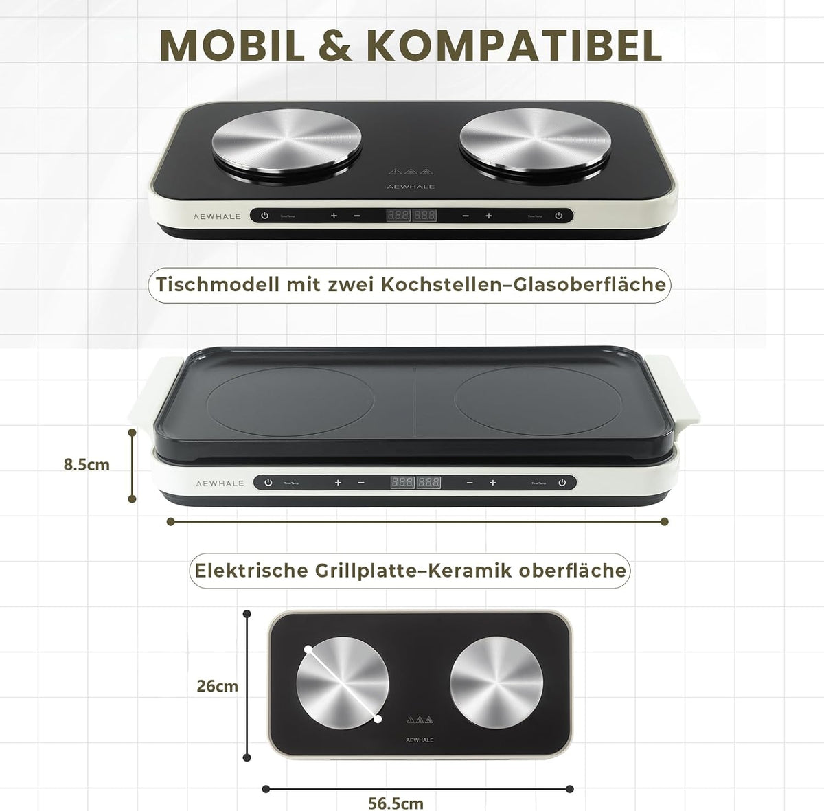 AEWHALE Double hob 1200 W + 600 W with ceramic non-stick griddle