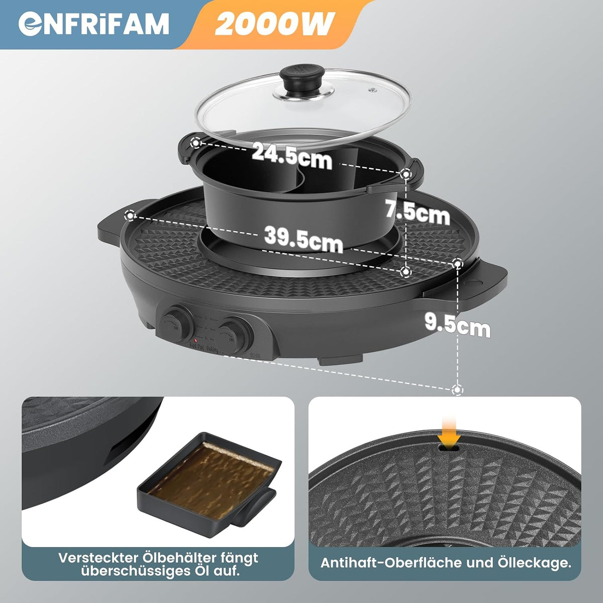ENFRIFAM Electric hot pot 2 in 1 with raclette grill 2000 W