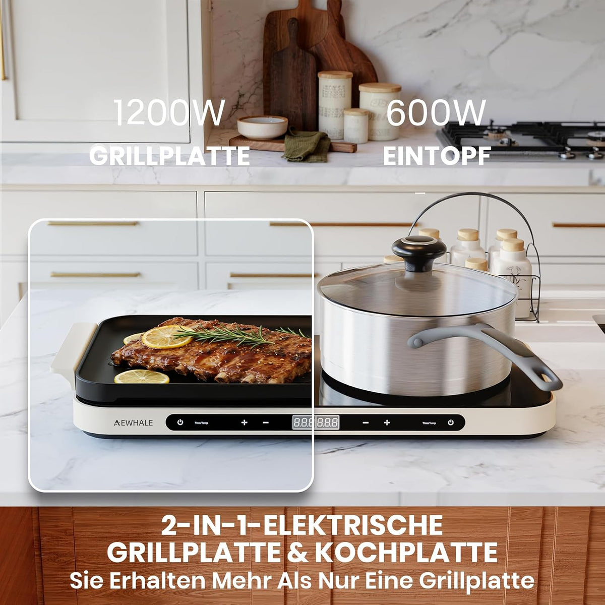 AEWHALE Double hob 1200 W + 600 W with ceramic non-stick griddle