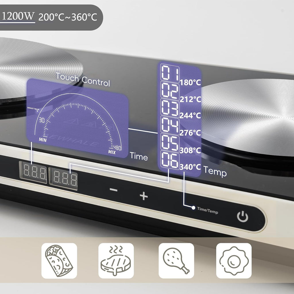 AEWHALE Double hob 1200 W + 600 W with ceramic non-stick griddle