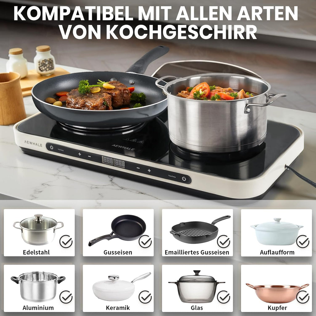 AEWHALE Double hob 1200 W + 600 W with ceramic non-stick griddle