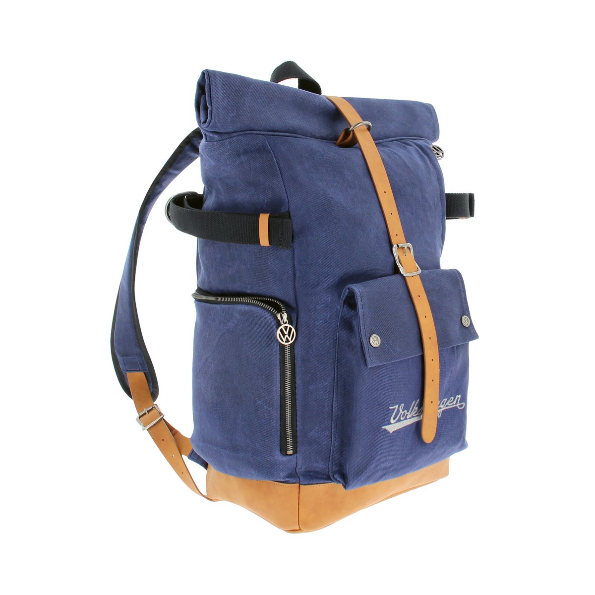 VW COLLECTION BY BRISA Vintage rolltop backpack made of waxed cotton and genuine leather – blue/light brown