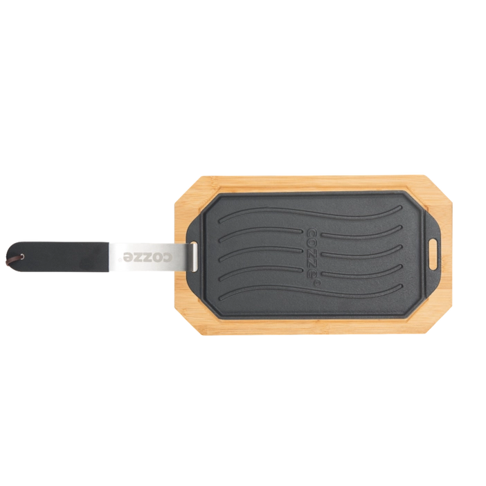 EZOOZA cast iron grill plate with wooden tray and stainless steel handle Cozze 33 x 16.5 cm