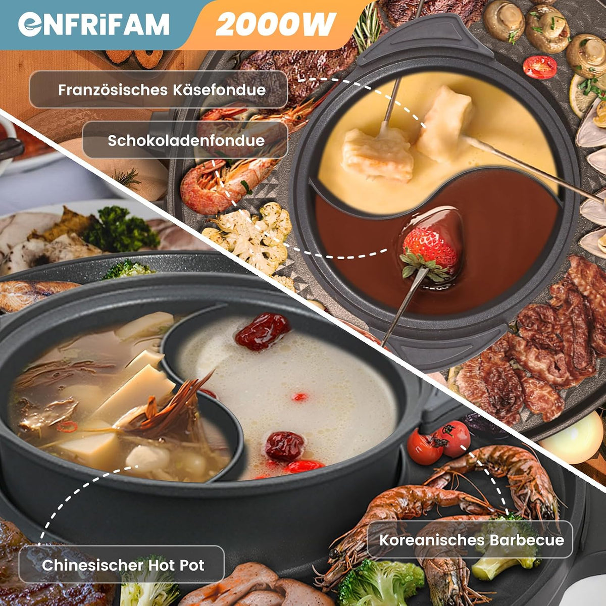 ENFRIFAM Electric hot pot 2 in 1 with raclette grill 2000 W
