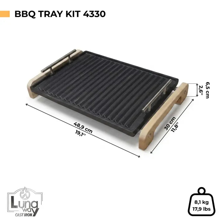 LUNAWAY Bbq Tray Kit: Enameled cast-iron grill with wooden support