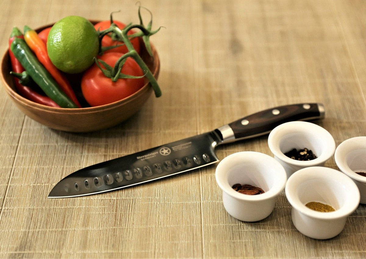 STERNSTEIGER Stahlwaren Santoku knife with hollow edge (18 cm) and paring knife (10 cm) from Titanium collection