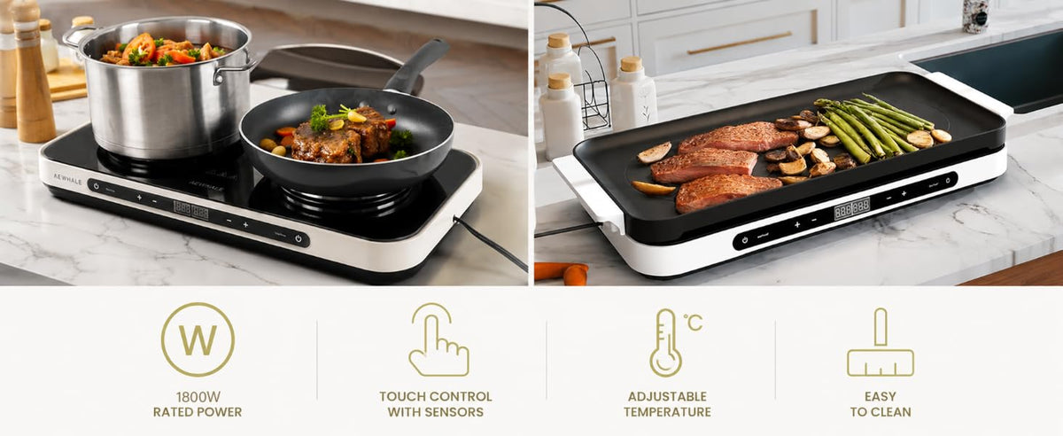 AEWHALE Double hob 1200 W + 600 W with ceramic non-stick griddle