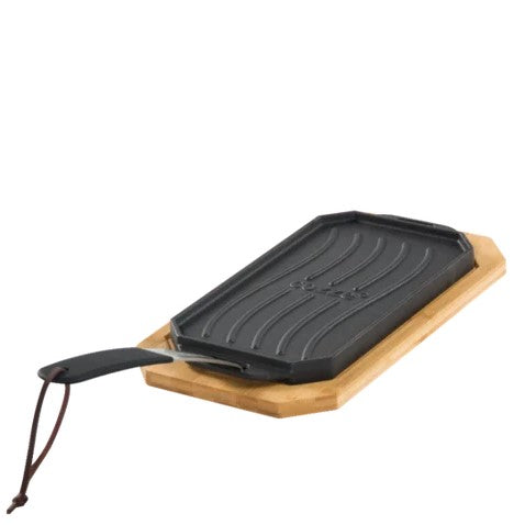 EZOOZA cast iron grill plate with wooden tray and stainless steel handle Cozze 33 x 16.5 cm