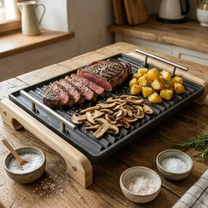 LUNAWAY Bbq Tray Kit: Enameled cast-iron grill with wooden support