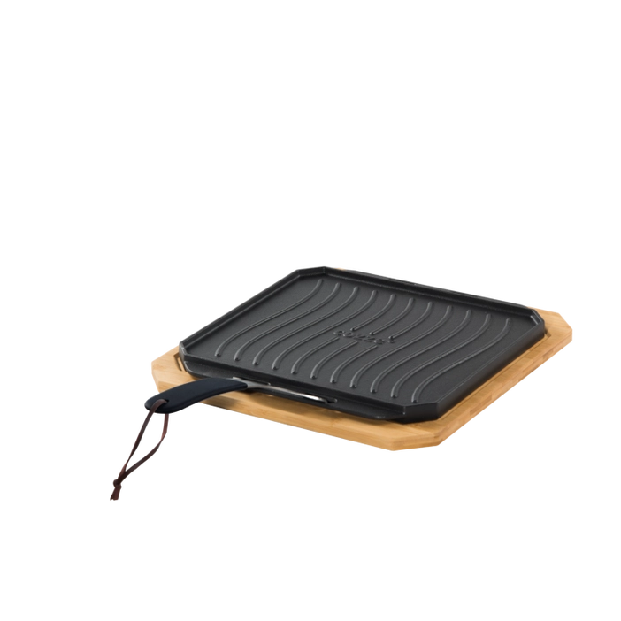 EZOOZA cast iron grill plate with wooden tray and removable steel handle Cozze 30 x 30 cm