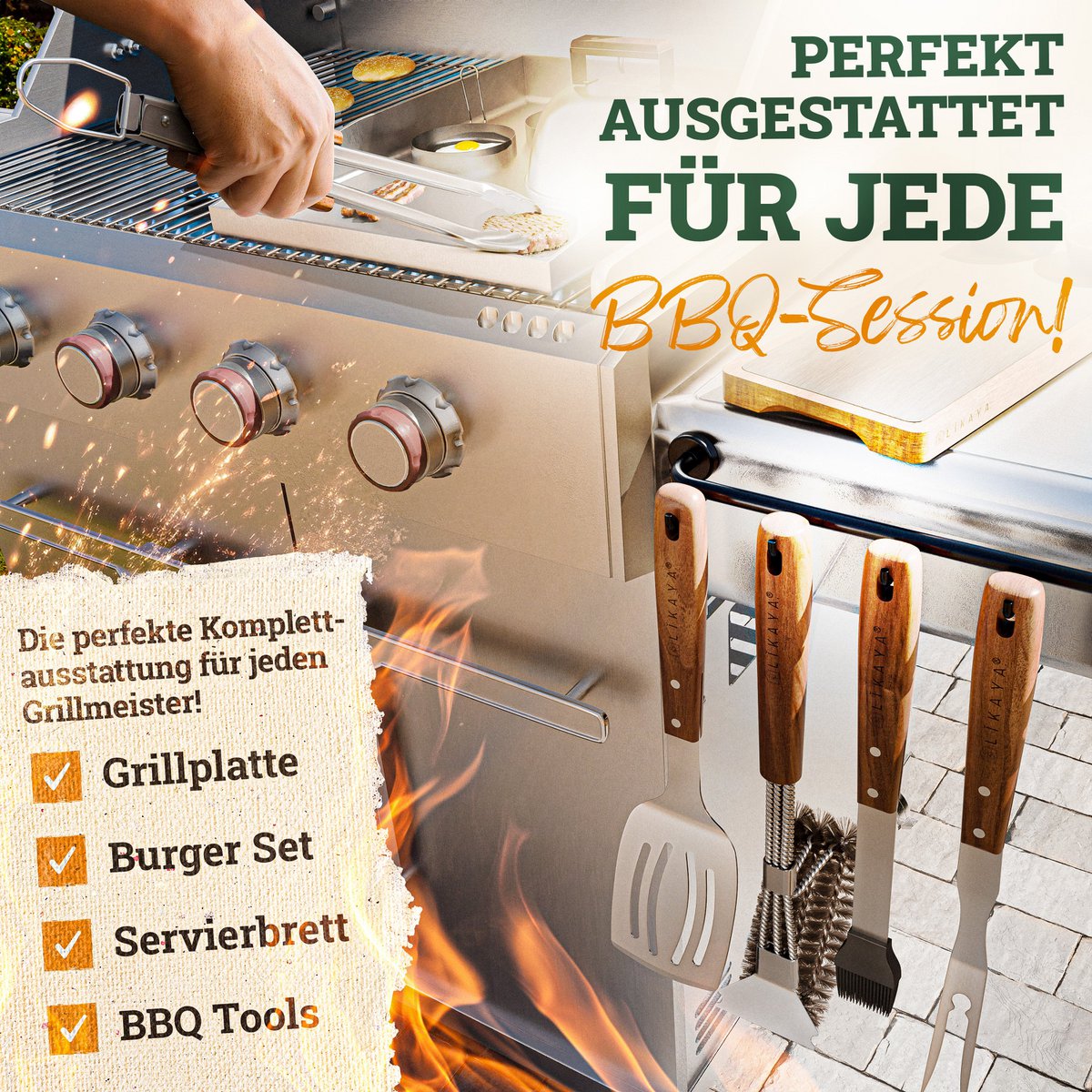 LIKAYA Premium grill cutlet set stainless steel grill tool set with acacia wood handles
