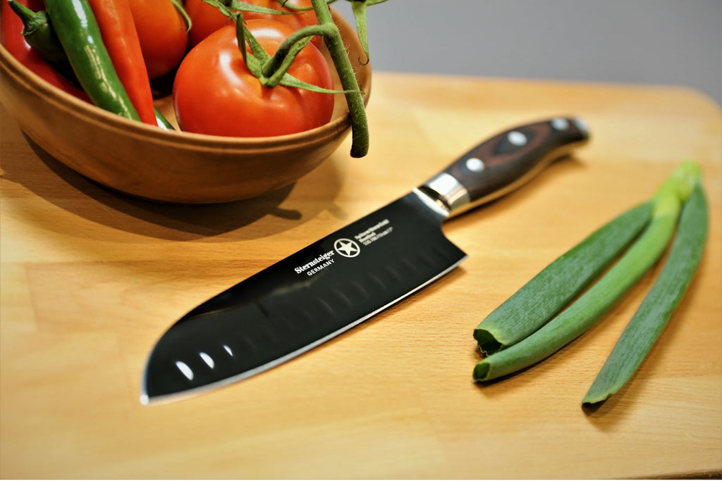 STERNSTEIGER Stahlwaren Santoku knife with hollow edge (18 cm) and paring knife (10 cm) from Titanium collection