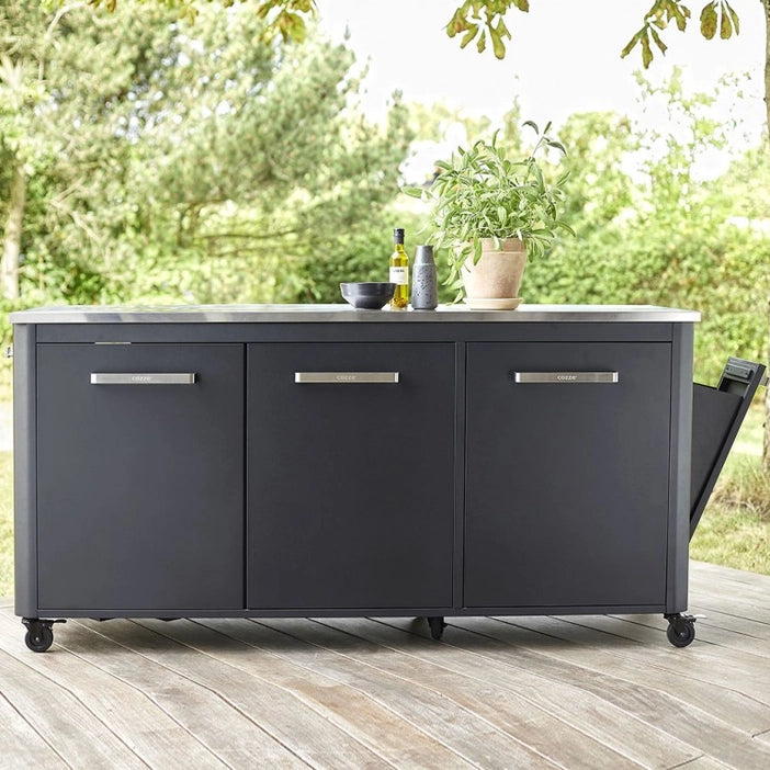 EZOOZA outdoor kitchen table with stainless steel top and wheels Cozze 180 x 60 cm