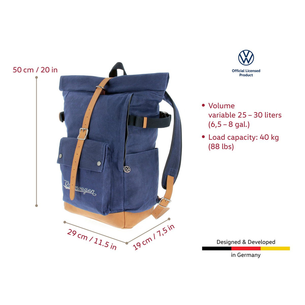 VW COLLECTION BY BRISA Vintage rolltop backpack made of waxed cotton and genuine leather – blue/light brown