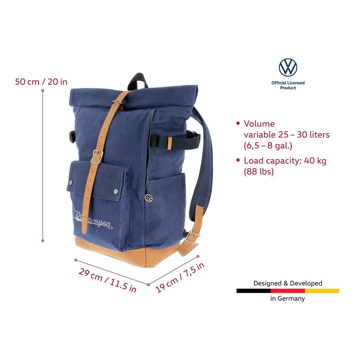 VW COLLECTION BY BRISA Vintage rolltop backpack made of waxed cotton and genuine leather – blue/light brown