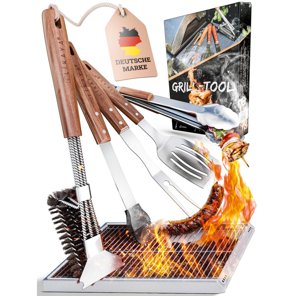 LIKAYA Premium grill cutlet set stainless steel grill tool set with acacia wood handles