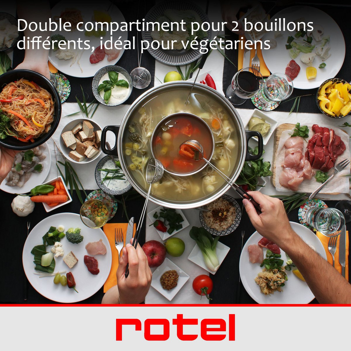 ROTEL 2-compartment Chinese fondue set with forks and strainers