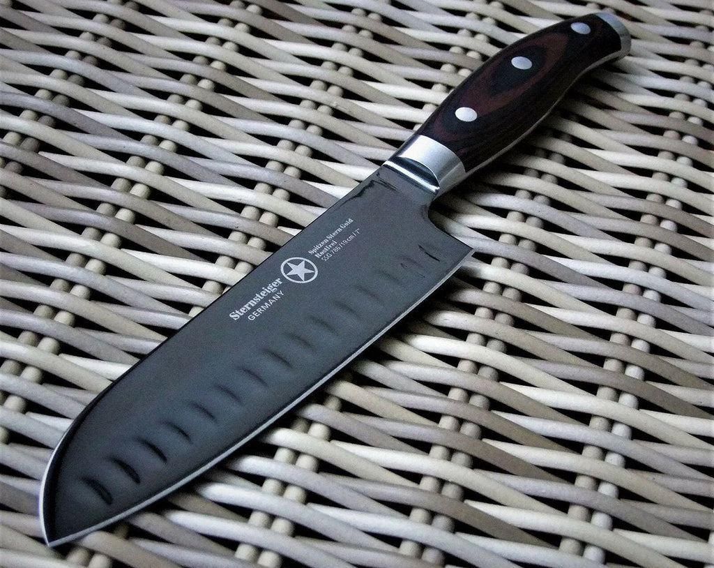 STERNSTEIGER Stahlwaren Santoku knife with hollow edge (18 cm) and paring knife (10 cm) from Titanium collection