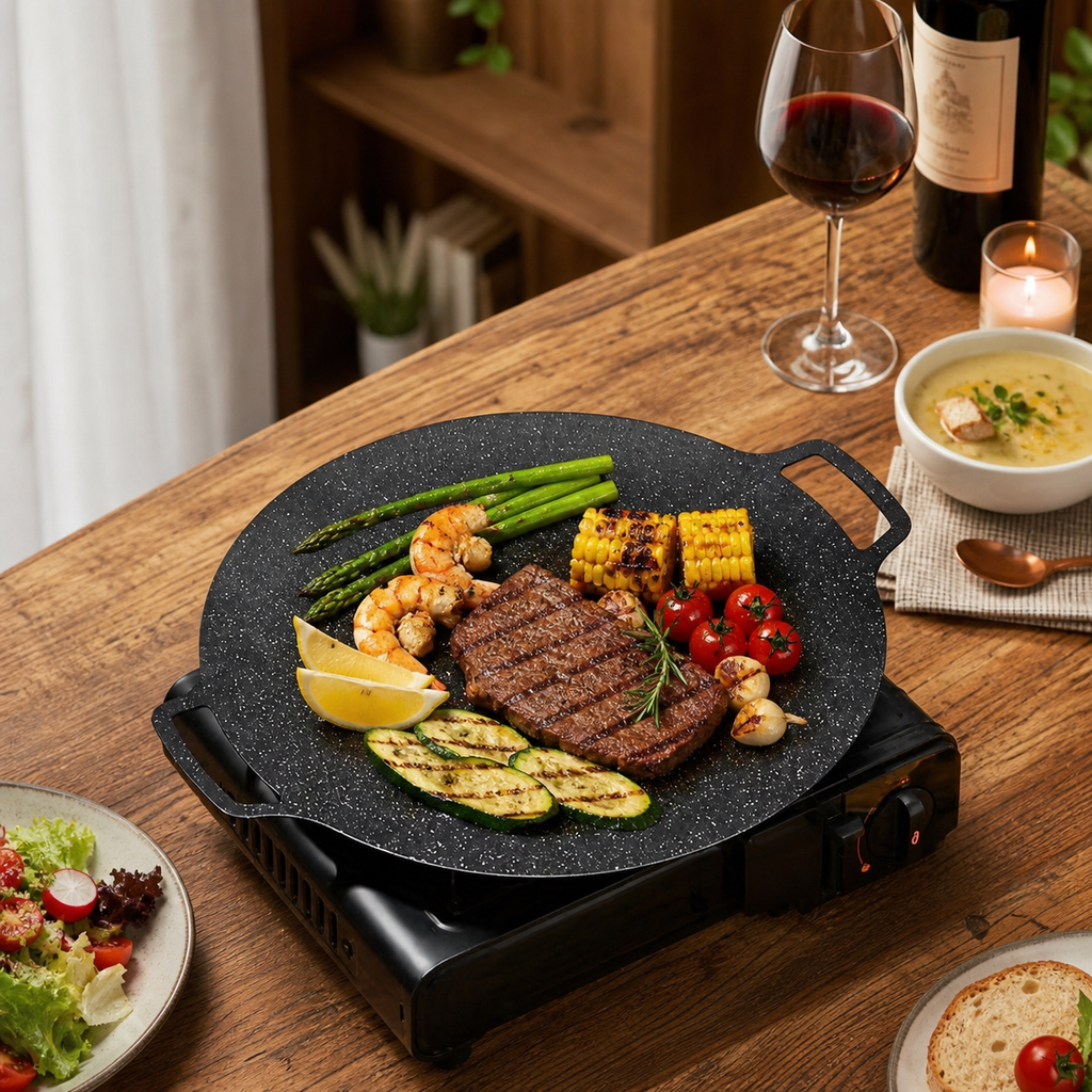 Kosun Korean Style Large Non-Stick Iron Griddle Skillet for Induction & Outdoor Cooking 38 cm